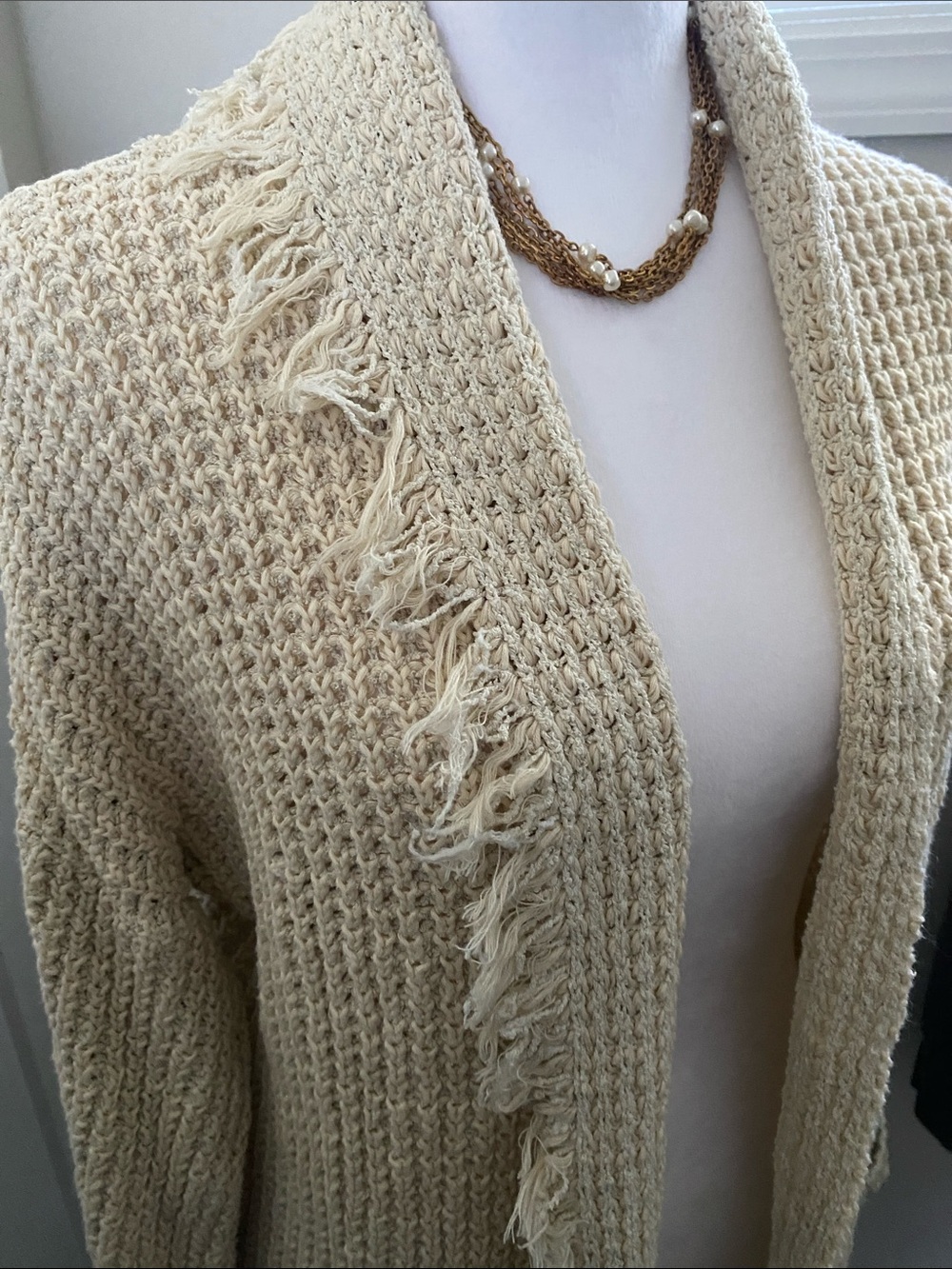 Free People Cream Open-Weave Fringe Cardigan Silk cotton nylon blend